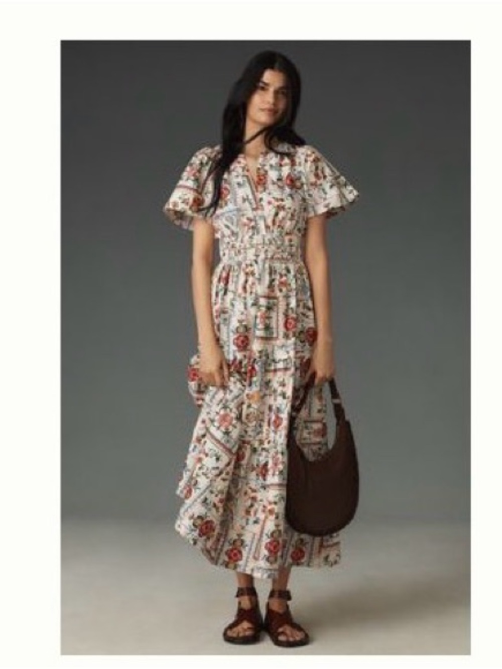 Anthropologie Somerset Maxi Dress White Floral Print with Smocked Waist